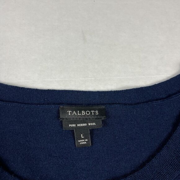 Talbots Merino Wool Classic Sweater Blue Ruffled 3/4 Sleeve Work Pullover LARGE - Picture 5 of 10